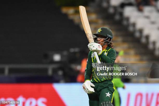 Pakistan's Muneeba Ali celebrates after scoring a half-century during the Group B T20 women's World Cup cricket match between Pakistan and Ireland at...