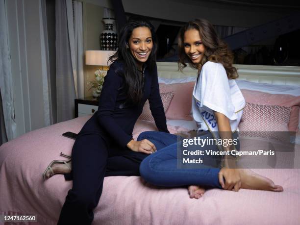 Miss France 2023 Indira Ampiot is photographed with the director of Miss France Cindy Fabre for Paris Match on December 17, 2023 in Paris, France.