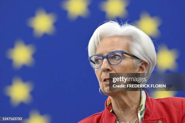 European Central Bank President Christine Lagarde speaks during a debate, as part of a plenary session at the European Parliament in Strasbourg,...