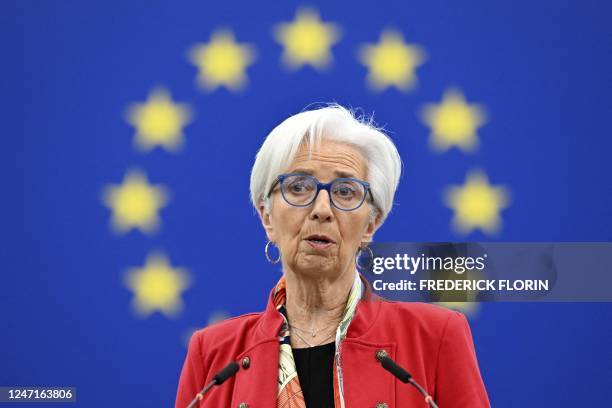 European Central Bank President Christine Lagarde speaks during a debate, as part of a plenary session at the European Parliament in Strasbourg,...