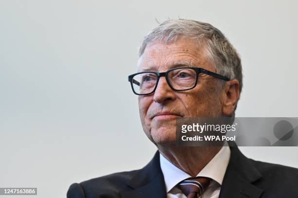 Microsoft founder Bill Gates reacts during a visit with Britain's Prime Minister Rishi Sunak to the Imperial College University on February 15, 2023...