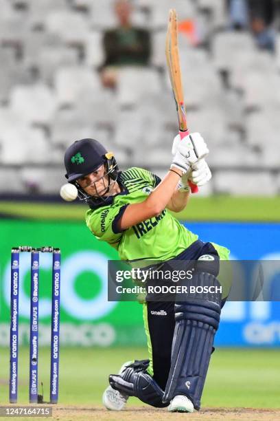 Ireland's Gaby Lewis watches the ball after playing a shot during the Group B T20 women's World Cup cricket match between Pakistan and Ireland at...