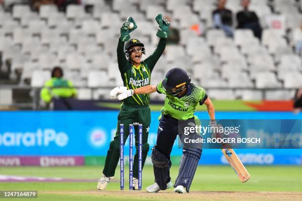 Pakistan's Muneeba Ali reacts after catching the ball dismissing Ireland's Gaby Lewis during the Group B T20 women's World Cup cricket match between...