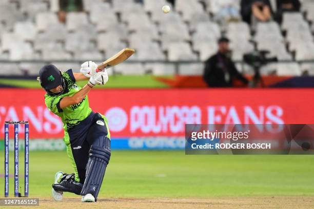 Ireland's Gaby Lewis plays a shot during the Group B T20 women's World Cup cricket match between Pakistan and Ireland at Newlands Stadium in Cape...