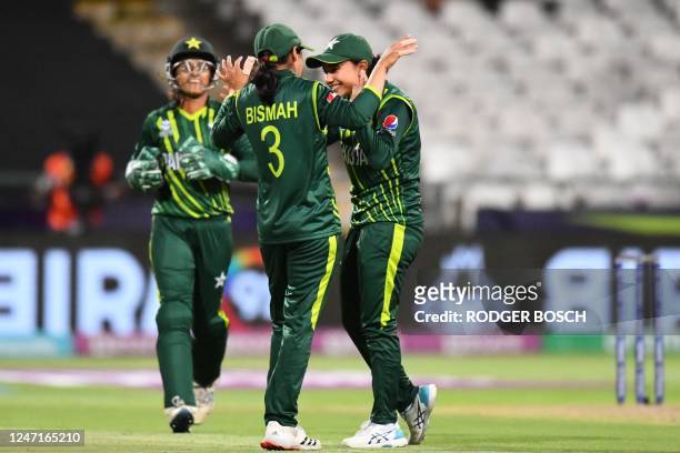 Pakistan's Bismah Maroof celebrates with teammates after the dismissal of Ireland's Laura Delany during the Group B T20 women's World Cup cricket...