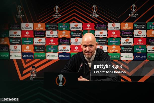 Manchester United Head Coach / Manager Erik ten Hag answers questions at a Press Conference ahead of their UEFA Europa League knockout round play-off...