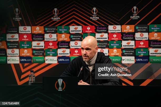Manchester United Head Coach / Manager Erik ten Hag answers questions at a Press Conference ahead of their UEFA Europa League knockout round play-off...