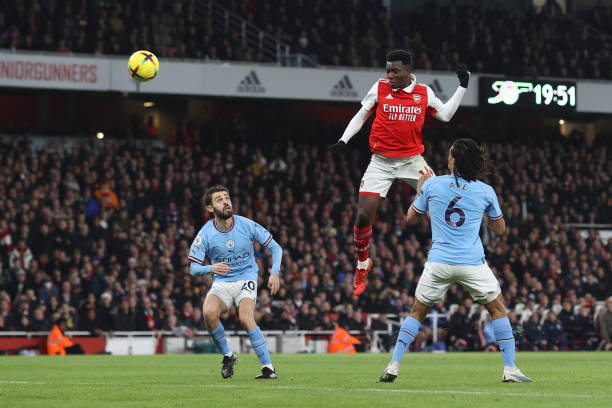 Eddie Nketiah of Arsenal heads the ball but misses the target during the Premier League match between Arsenal FC and Manchester City at Emirates...