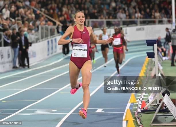 Britain's Keely Hodgkinson competes to win women's 800m final race during the "Hauts de France" indoor athletics meeting in Lievin, on February 15,...