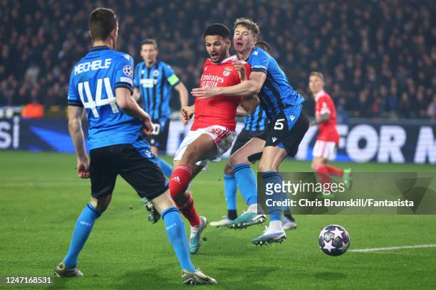 Goncalo Ramos of Benfica is fouled in the box by Jack Hendry of Club Brugge to concede a penalty during the UEFA Champions League round of 16 leg one...