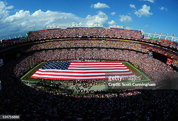 FedEx Field is shown during ceremonies before the season-opening game between the Washington Redskins and the New York Giants at FedEx Field on...