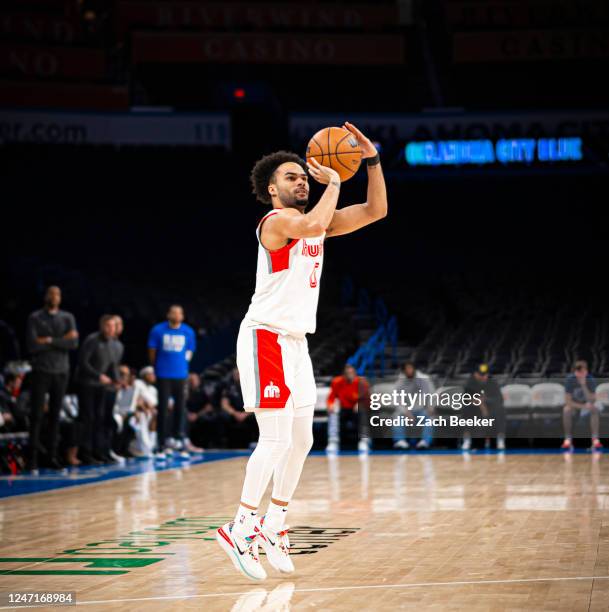 Jacob Gilyard of the Memphis Hustle shoots the ball during a game against the Oklahoma City Blue on February 13, 2023 at the Paycom Center in...