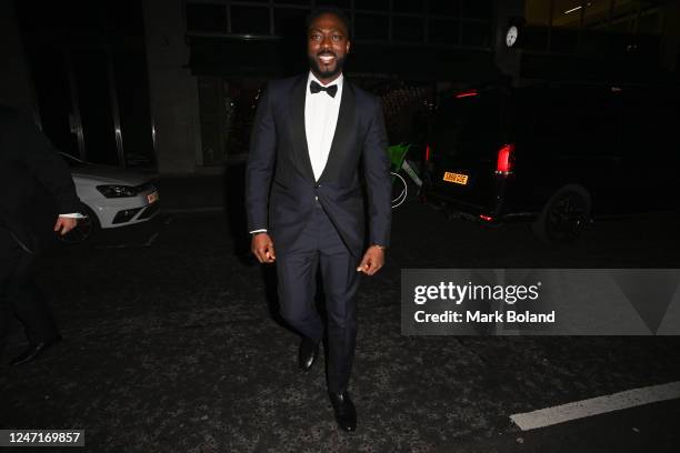 David Ajala arrives at the dunhill & BSBP pre-BAFTA filmmakers dinner & party at Bourdon House on February 15th, 2023 in London, England.