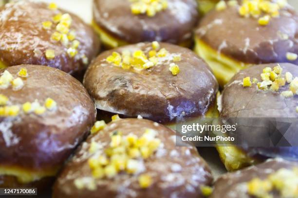 Bakery sales donuts a day ahead of Fat Thursday. Krakow, Poland on February 16, 2023. Fat Thursday is a traditional Catholic Christian feast on the...