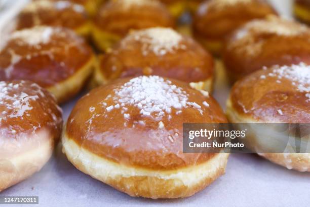 Bakery sales donuts a day ahead of Fat Thursday. Krakow, Poland on February 16, 2023. Fat Thursday is a traditional Catholic Christian feast on the...