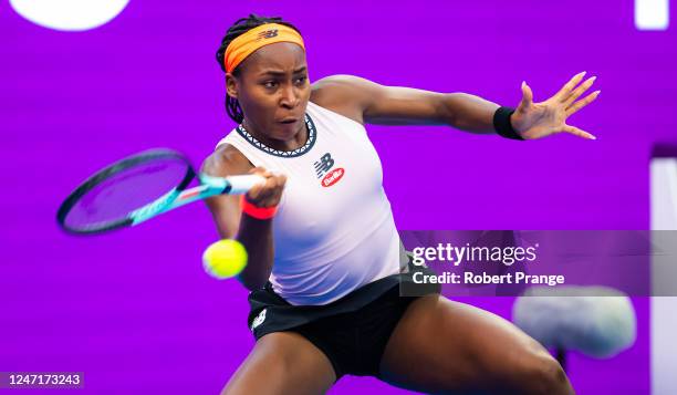 Coco Gauff of the United States in action against Petra Kvitova of the Czech Republic in her second round match on Day 3 of the Qatar TotalEnergies...