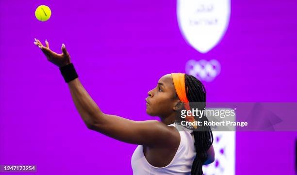 Coco Gauff of the United States in action against Petra Kvitova of the Czech Republic in her second round match on Day 3 of the Qatar TotalEnergies...