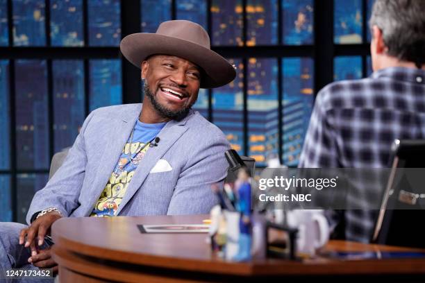 Episode 1395 -- Pictured: Actor Taye Diggs during an interview with host Seth Meyers on February 15, 2023 --