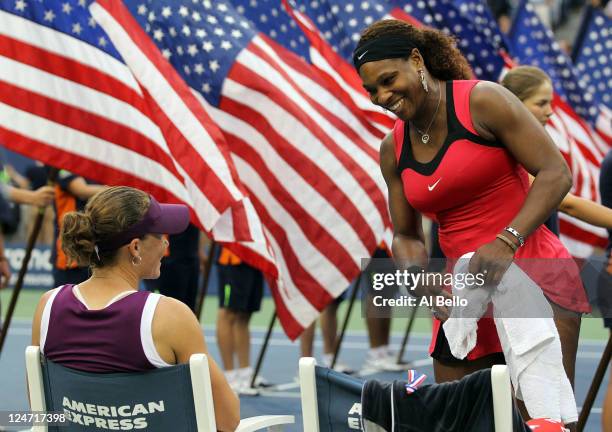 Serena Williams of the United States congratulates Samantha Stosur of Australia on her win during the Women's Singles Final on Day Fourteen of the...