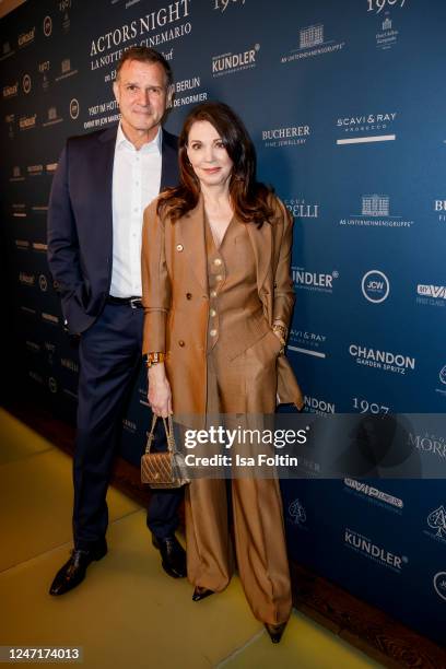 German actress Iris Berben and Heiko Kiesow attend the Gala dinner and soiree in honour of Mario Adorf at 1907 restaurant on February 15, 2023 in...