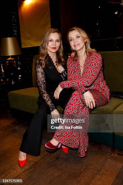 Regina Halmich, wearing a collier by Bucherer, and Tina Ruland attend Gala dinner and soiree in honour of Mario Adorf at 1907 restaurant on February...