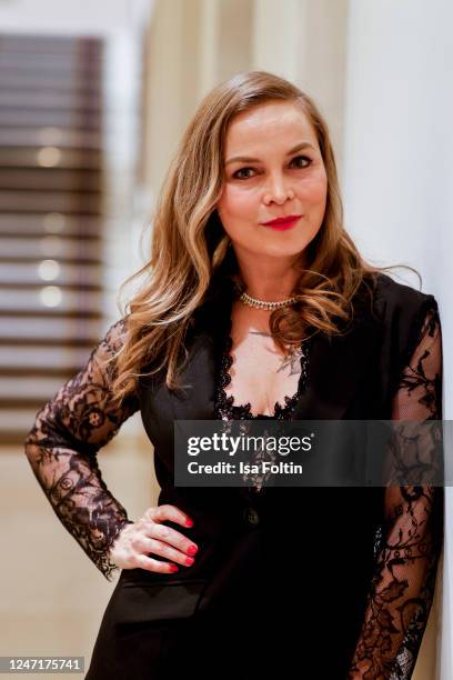 Regina Halmich, wearing a collier by Bucherer, attends Gala dinner and soiree in honour of Mario Adorf at 1907 restaurant on February 15, 2023 in...