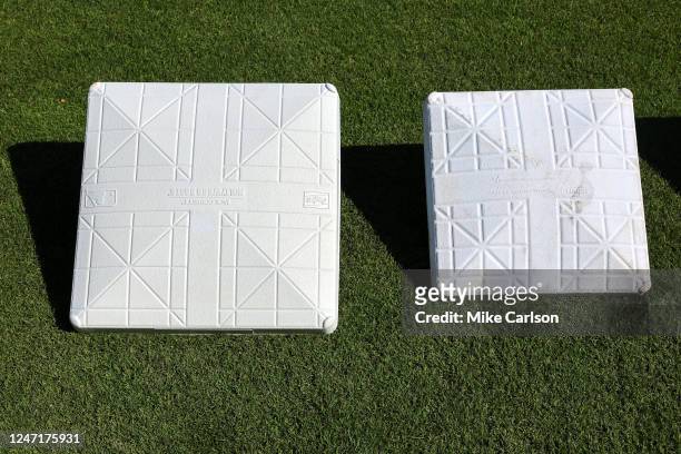 Detail shot of the new larger bases during the On-Field Rules Demonstration at TD Ballpark on Wednesday, February 15, 2023 in Dunedin, Florida.