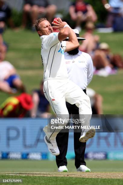 New Zealand's Neil Wagner bowls during day one of the first cricket test match between New Zealand and England at Bay Oval in Mount Maunganui on...