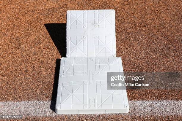 Detail shot of the new larger bases with an older base during the On-Field Rules Demonstration at TD Ballpark on Wednesday, February 15, 2023 in...