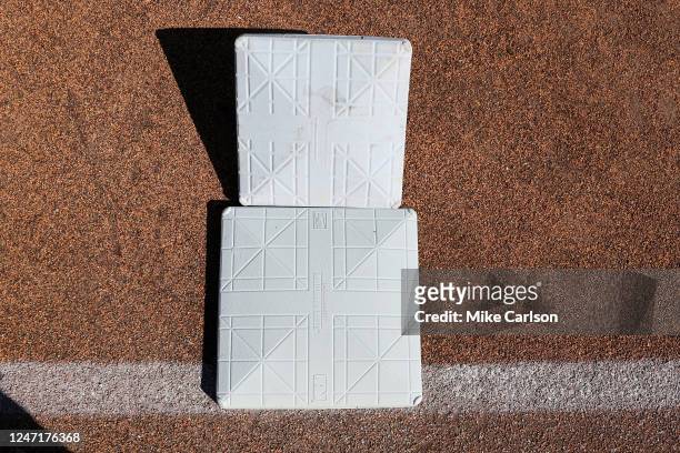 Detail shot of the new larger bases with an older base during the On-Field Rules Demonstration at TD Ballpark on Wednesday, February 15, 2023 in...