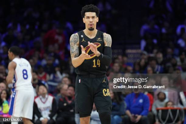 Danny Green of the Cleveland Cavaliers celebrates during the game against the Philadelphia 76ers on February 15, 2023 at the Wells Fargo Center in...