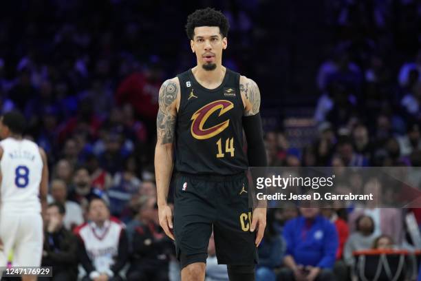Danny Green of the Cleveland Cavaliers looks on during the game against the Philadelphia 76ers on February 15, 2023 at the Wells Fargo Center in...