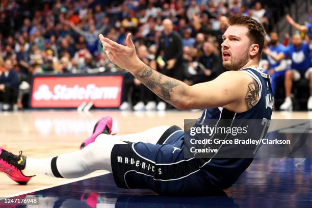 Luka Doncic of the Dallas Mavericks reacts after a foul call against the Denver Nuggets at Ball Arena on February 15, 2023 in Denver, Colorado. NOTE...