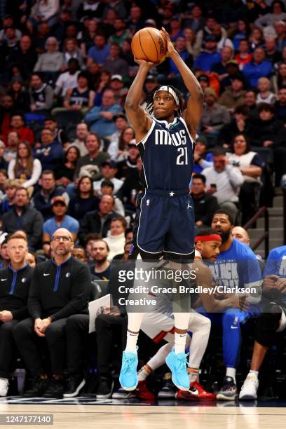 Frank Ntilikina of the Dallas Mavericks shoots against the Denver Nuggets at Ball Arena on February 15, 2023 in Denver, Colorado. NOTE TO USER: User...