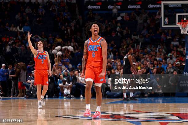 Jaylin Williams of the Oklahoma City Thunder celebrates after a play during the game against the Houston Rockets on February 15, 2023 at Paycom Arena...