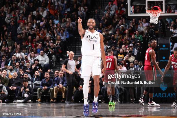 Mikal Bridges of the Brooklyn Nets reacts during the game against the Miami Heat on February 15, 2023 at Barclays Center in Brooklyn, New York. NOTE...