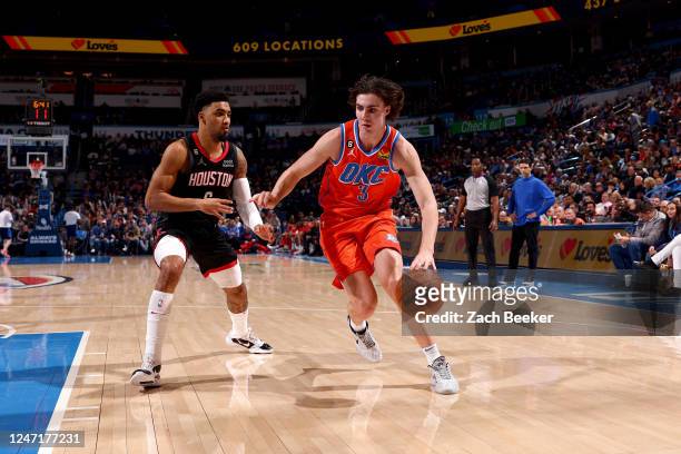 Josh Giddey of the Oklahoma City Thunder dribbles the ball against the Houston Rockets on February 15, 2023 at Paycom Arena in Oklahoma City,...