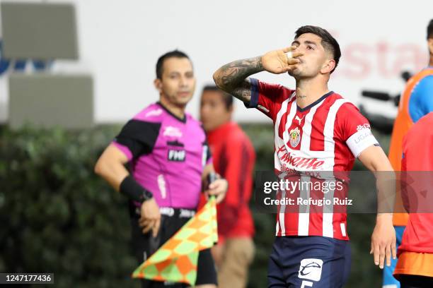 Victor Guzman of Chivas celebrates the team's second goal during the 7th round match between Chivas and Tijuana as part of the Torneo Clausura 2023...