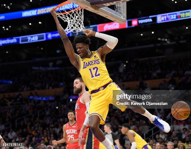 Mo Bamba of the Los Angeles Lakers dunks against the New Orleans Pelicans during the first half at Crypto.com Arena on February 15, 2023 in Los...