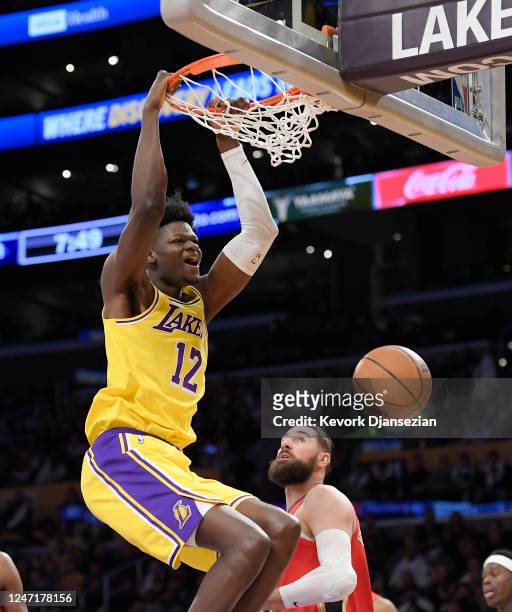 Mo Bamba of the Los Angeles Lakers dunks against Jonas Valanciunas of the New Orleans Pelicans during the first half at Crypto.com Arena on February...