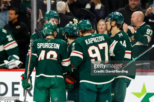 Mats Zuccarello of the Minnesota Wild celebrates his power play goal against the Colorado Avalanche with teammates in the second period of the game...