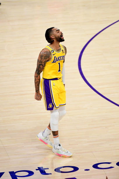 Angelo Russell of the Los Angeles Lakers celebrates during the game against the New Orleans Pelicans on February 15, 2023 at Crypto.Com Arena in Los...