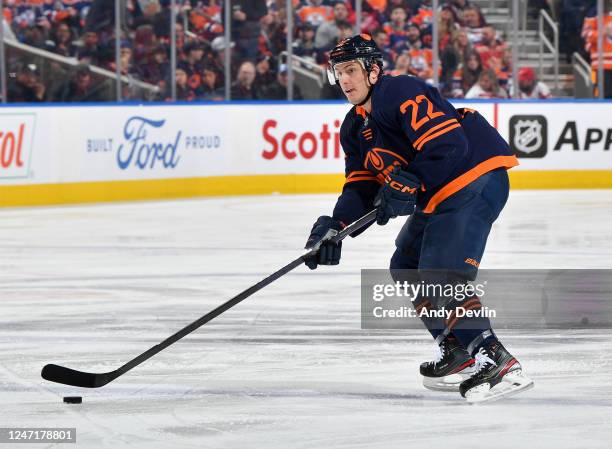 Tyson Barrie of the Edmonton Oilers skates during the game against the Detroit Red Wings on February 15, 2023 at Rogers Place in Edmonton, Alberta,...