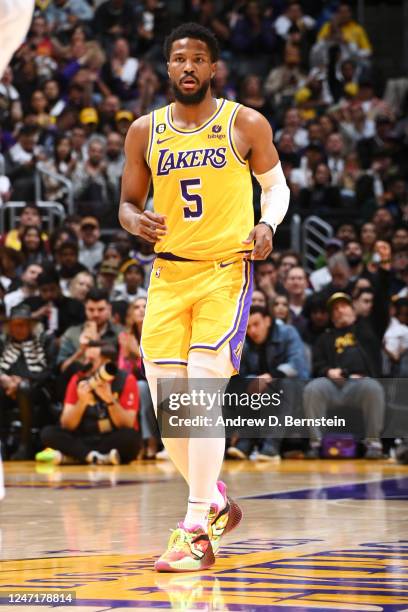 Malik Beasley of the Los Angeles Lakers looks on during the game against the New Orleans Pelicans on February 15, 2023 at Crypto.Com Arena in Los...