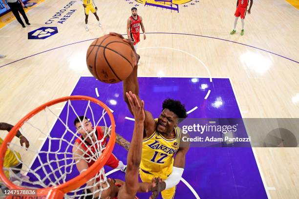 Mo Bamba of the Los Angeles Lakers drives to the basket against the New Orleans Pelicans on February 15, 2023 at Crypto.Com Arena in Los Angeles,...