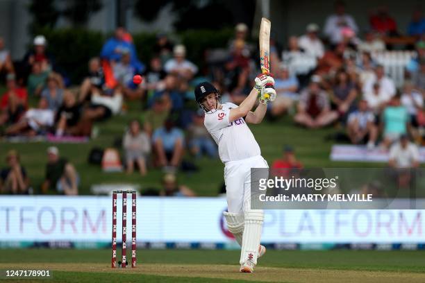 England's Harry Brook plays a shot during day one of the first cricket test match between New Zealand and England at Bay Oval in Mount Maunganui on...