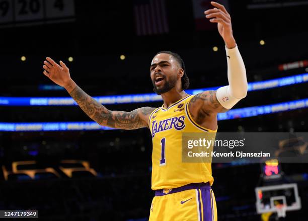 Angelo Russell of the Los Angeles Lakers celebrates a basket and foul of LeBron James against the New Orleans Pelicans during the second half at...