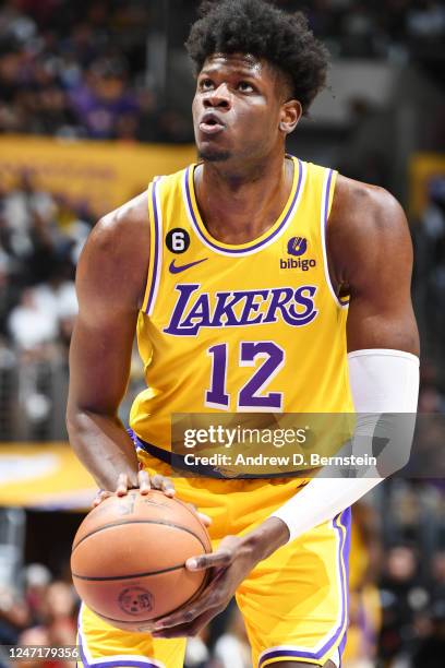 Mo Bamba of the Los Angeles Lakers shoots a free throw during the game against the New Orleans Pelicans on February 15, 2023 at Crypto.Com Arena in...