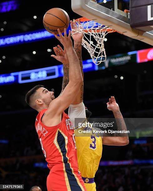 Anthony Davis of the Los Angeles Lakers blocks a layup by Willy Hernangomez of the New Orleans Pelicans during the second half at Crypto.com Arena on...
