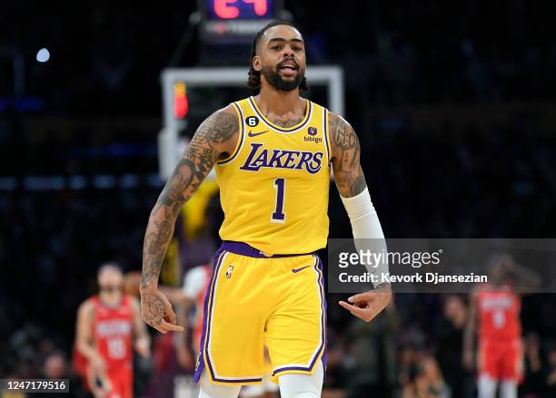 Angelo Russell of the Los Angeles Lakers celebrates scoring a three-point basket against the New Orleans Pelicans during the second half at...